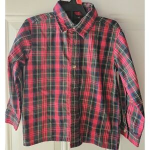 Boys 3T Plaid Button Up Shirt Red Green Long Sleeve Holiday